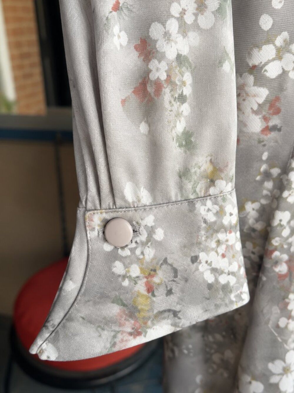 Vintage 70s Gray Floral Secretary Dress Dagger Collar Bishop Sleeve Size 11 S - Picture 4 of 8